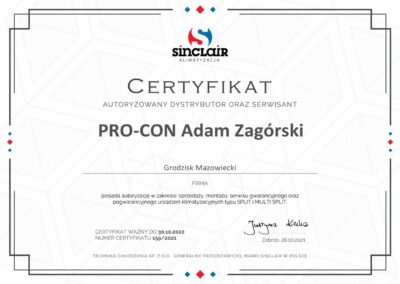 Certyfikat Sinclair Autoryzowany Dystrybutor oraz Serwisant