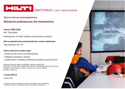 Certyfikat HILTI zabezpieczenie przeciwpożarowe