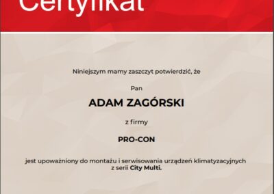 Certyfikat na montaż i serwisowanie urządzeń klimatyzacyjnych z serii City Multi Mitsubishi Electric