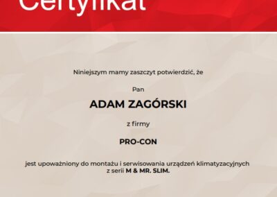 Certyfikat na montaż i serwisowanie urządzeń klimatyzacyjnych z serii M&MR SLIM Mitsubishi Electric